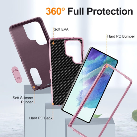For Samsung Galaxy S25 Ultra 5G Rugged PC Hybrid Silicone Phone Case with Holder(Purple+Pink)