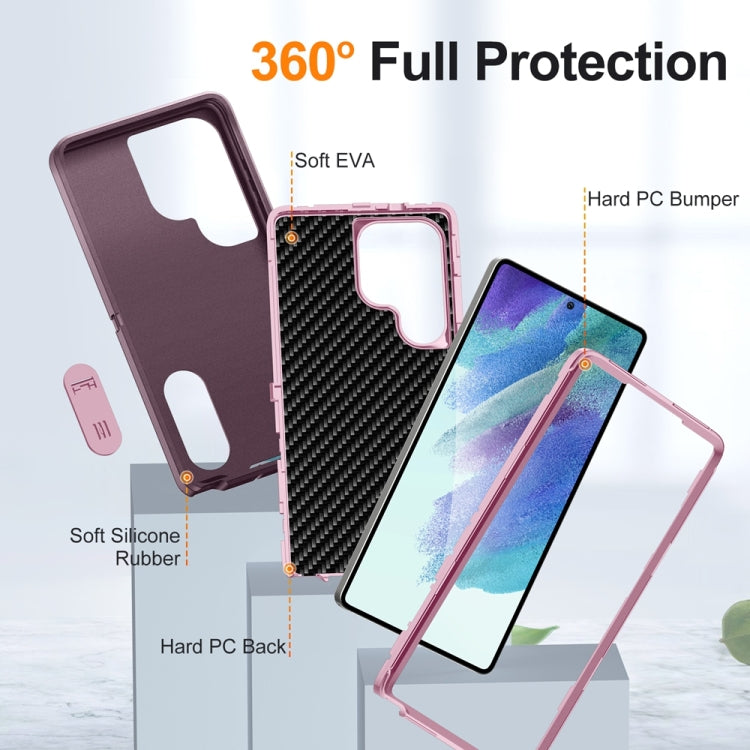For Samsung Galaxy S25 Ultra 5G Rugged PC Hybrid Silicone Phone Case with Holder(Purple+Pink)