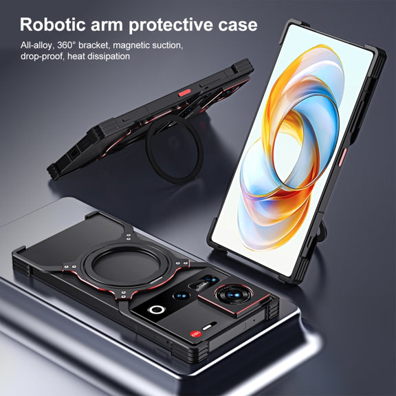 For ZTE nubia Z70 Ultra Mechanical Arm Borderless MagSafe Holder Metal Phone Case(Black Silver)