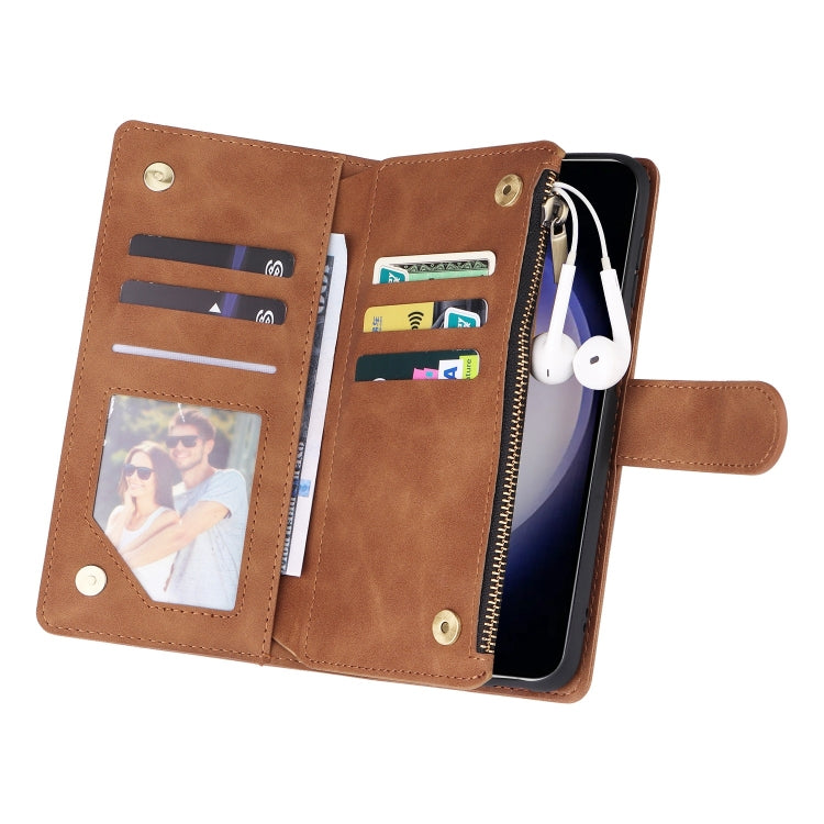 For Samsung Galaxy S25 5G Multifunctional Frosted Zipper Wallet Leather Phone Case(Brown)