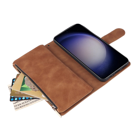 For Samsung Galaxy S25 5G Multifunctional Frosted Zipper Wallet Leather Phone Case(Brown)