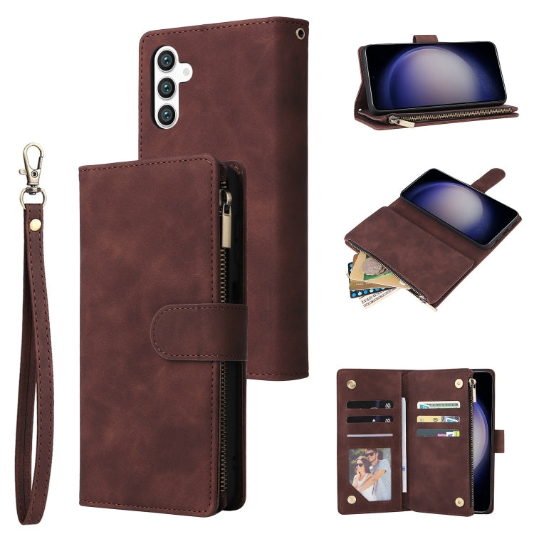 For Samsung Galaxy S25 5G Multifunctional Frosted Zipper Wallet Leather Phone Case(Coffee)