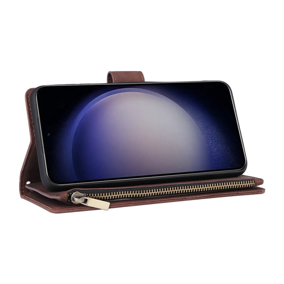 For Samsung Galaxy S25 5G Multifunctional Frosted Zipper Wallet Leather Phone Case(Coffee)