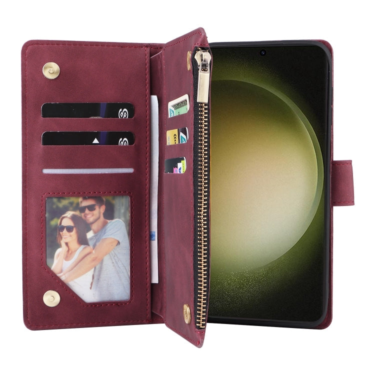For Samsung Galaxy S25+ 5G Multifunctional Frosted Zipper Wallet Leather Phone Case(Wine Red)