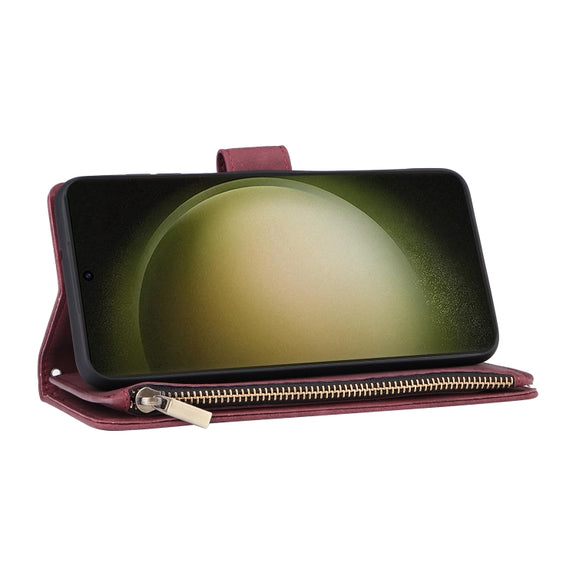 For Samsung Galaxy S25+ 5G Multifunctional Frosted Zipper Wallet Leather Phone Case(Wine Red)