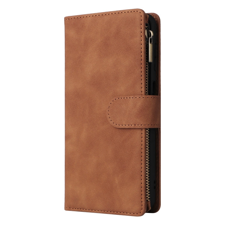 For Samsung Galaxy S25+ 5G Multifunctional Frosted Zipper Wallet Leather Phone Case(Brown)