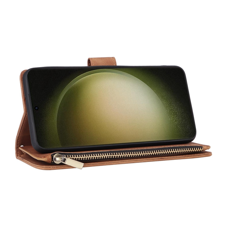 For Samsung Galaxy S25+ 5G Multifunctional Frosted Zipper Wallet Leather Phone Case(Brown)
