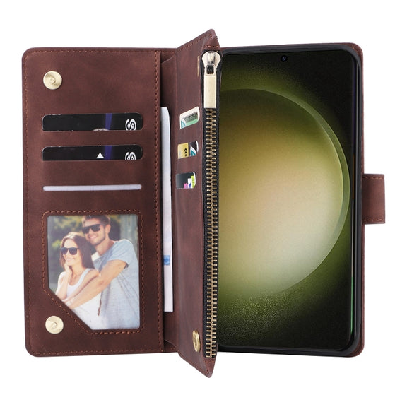 For Samsung Galaxy S25+ 5G Multifunctional Frosted Zipper Wallet Leather Phone Case(Coffee)