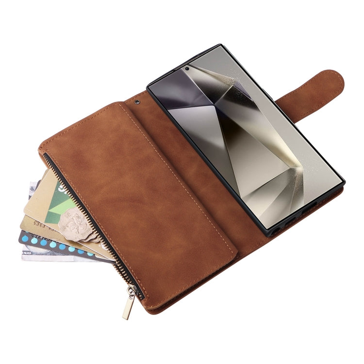 For Samsung Galaxy S25 Ultra 5G Multifunctional Frosted Zipper Wallet Leather Phone Case(Brown)
