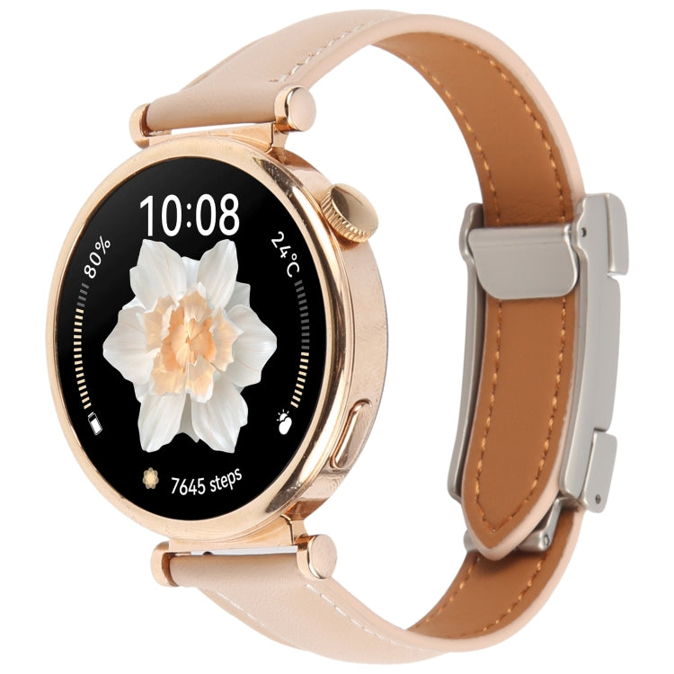 20mm Universal Slim Magnetic Buckle Genuine Leather Watch Band(Plain Weave Apricot)