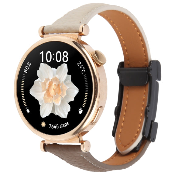 22mm Universal Slim Magnetic Buckle Genuine Leather Watch Band(Dark Brown Light Grey)