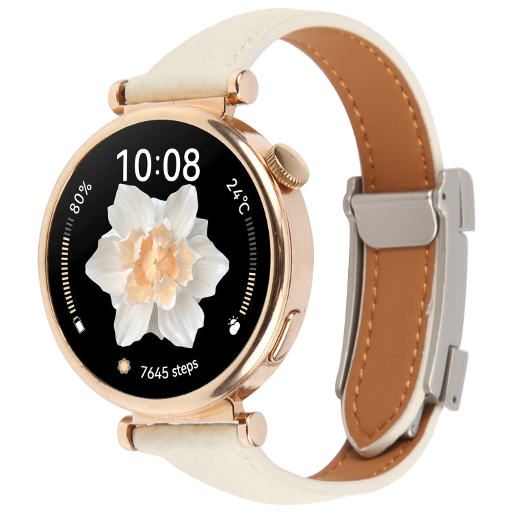 22mm Universal Slim Magnetic Buckle Genuine Leather Watch Band(Beige)
