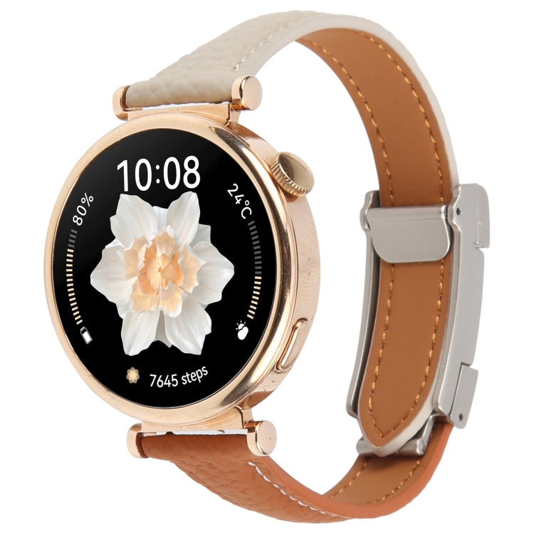 22mm Universal Slim Magnetic Buckle Genuine Leather Watch Band(Brown Light Grey)