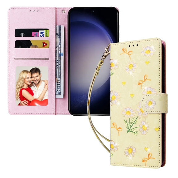 For Samsung Galaxy S25 5G Bronzing Painting RFID Leather Phone Case(Yellow Daisy)