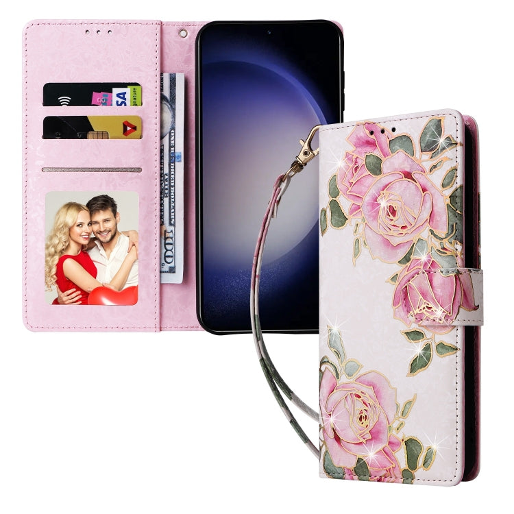 For Samsung Galaxy S25 5G Bronzing Painting RFID Leather Phone Case(Rose Flower)