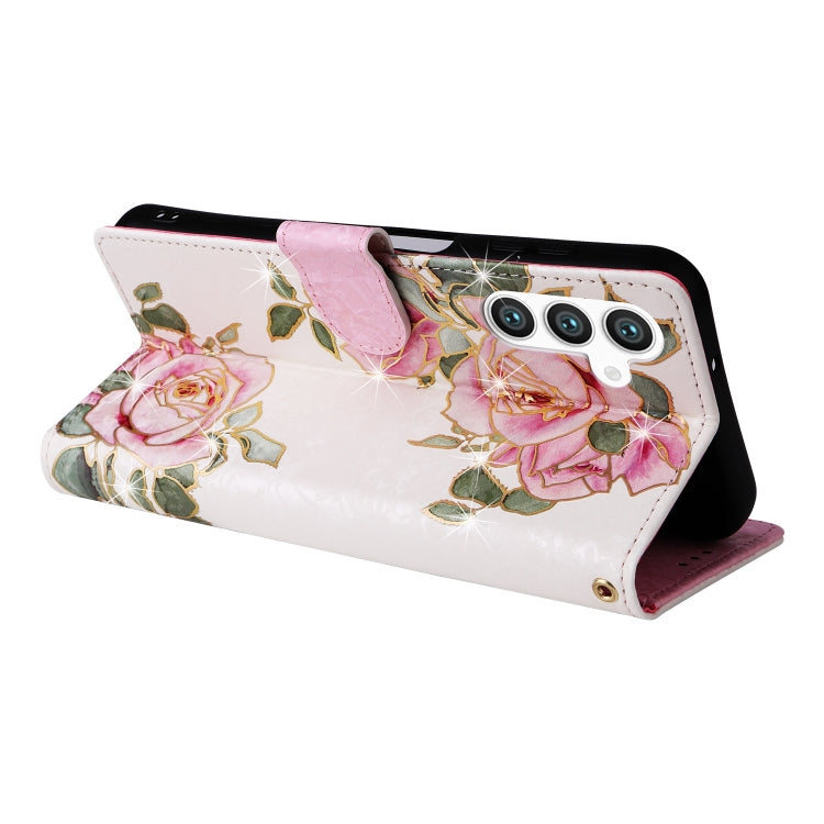 For Samsung Galaxy S25 5G Bronzing Painting RFID Leather Phone Case(Rose Flower)