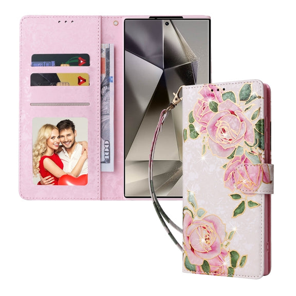 For Samsung Galaxy S25 Ultra 5G Bronzing Painting RFID Leather Phone Case(Rose Flower)