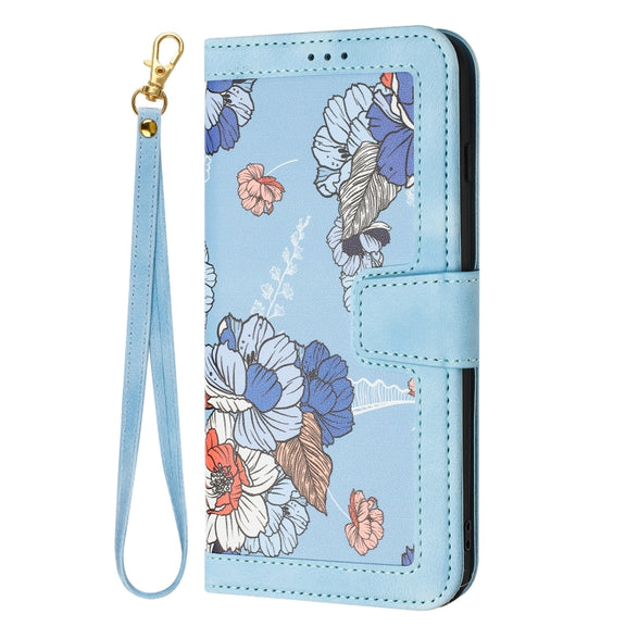 For Samsung Galaxy S25 Ultra 5G Floral Pattern Leather Phone Case with Lanyard(Light Blue)