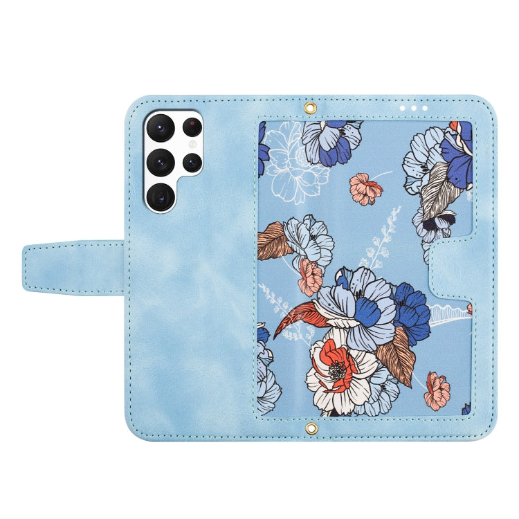 For Samsung Galaxy S25 Ultra 5G Floral Pattern Leather Phone Case with Lanyard(Light Blue)