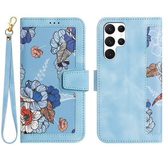 For Samsung Galaxy S25 Ultra 5G Floral Pattern Leather Phone Case with Lanyard(Light Blue)