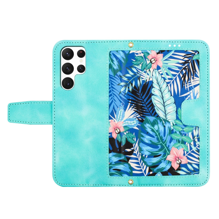 For Samsung Galaxy S25 Ultra 5G Floral Pattern Leather Phone Case with Lanyard(Green)