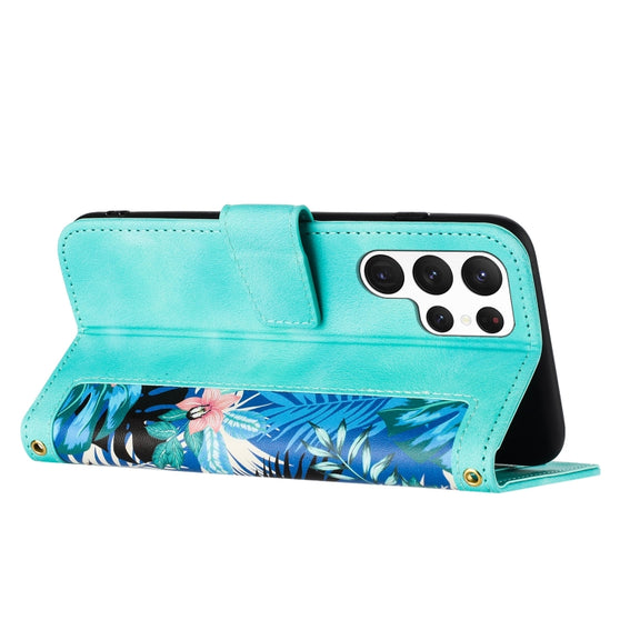 For Samsung Galaxy S25 Ultra 5G Floral Pattern Leather Phone Case with Lanyard(Green)