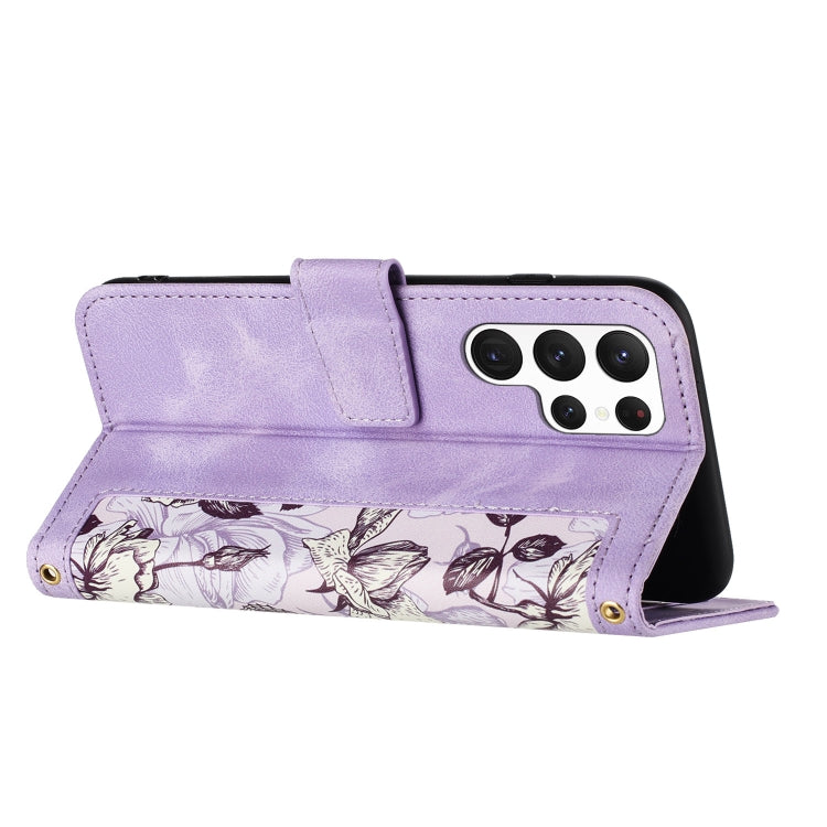 For Samsung Galaxy S25 Ultra 5G Floral Pattern Leather Phone Case with Lanyard(Light Purple)