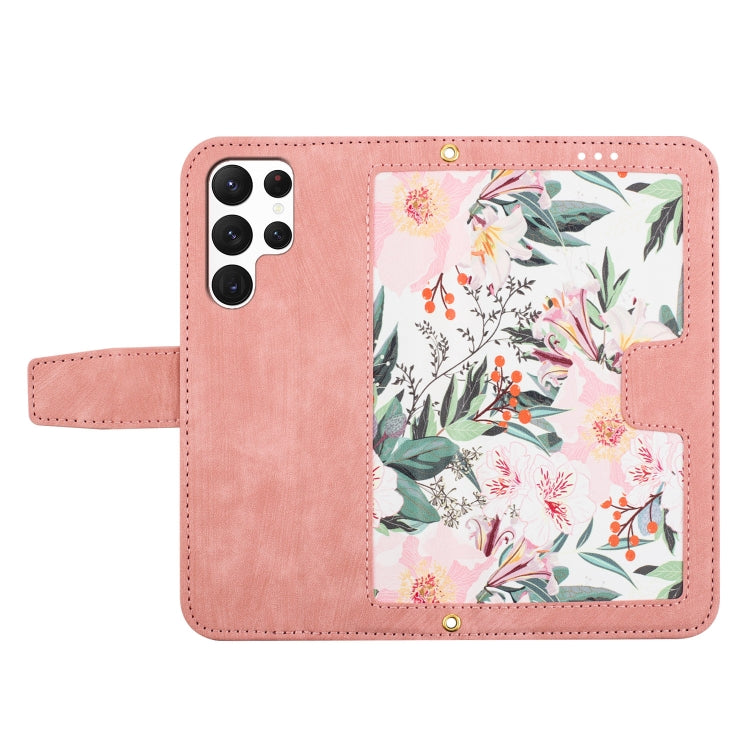 For Samsung Galaxy S25 Ultra 5G Floral Pattern Leather Phone Case with Lanyard(Pink)