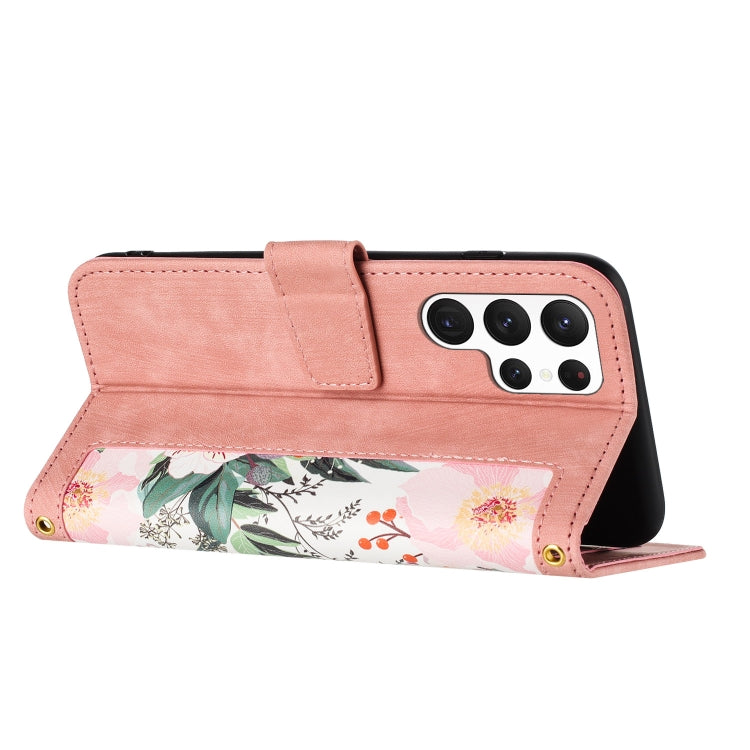 For Samsung Galaxy S25 Ultra 5G Floral Pattern Leather Phone Case with Lanyard(Pink)