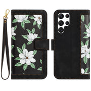 For Samsung Galaxy S25 Ultra 5G Floral Pattern Leather Phone Case with Lanyard(Black)