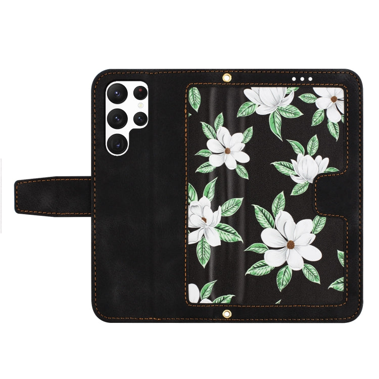 For Samsung Galaxy S25 Ultra 5G Floral Pattern Leather Phone Case with Lanyard(Black)