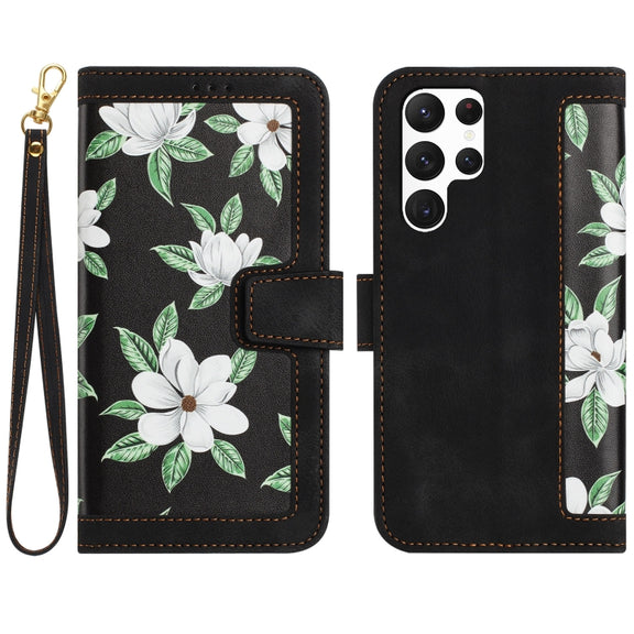 For Samsung Galaxy S25 Ultra 5G Floral Pattern Leather Phone Case with Lanyard(Black)