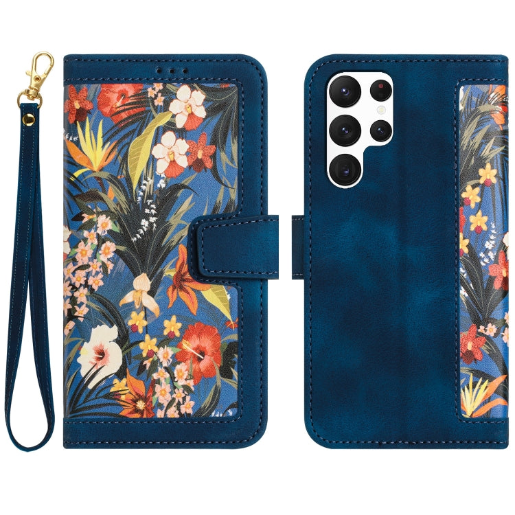 For Samsung Galaxy S25 Ultra 5G Floral Pattern Leather Phone Case with Lanyard(Dark Blue)