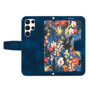 For Samsung Galaxy S25 Ultra 5G Floral Pattern Leather Phone Case with Lanyard(Dark Blue)