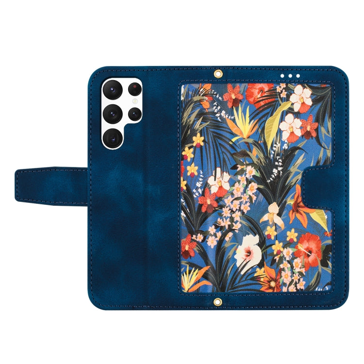 For Samsung Galaxy S25 Ultra 5G Floral Pattern Leather Phone Case with Lanyard(Dark Blue)