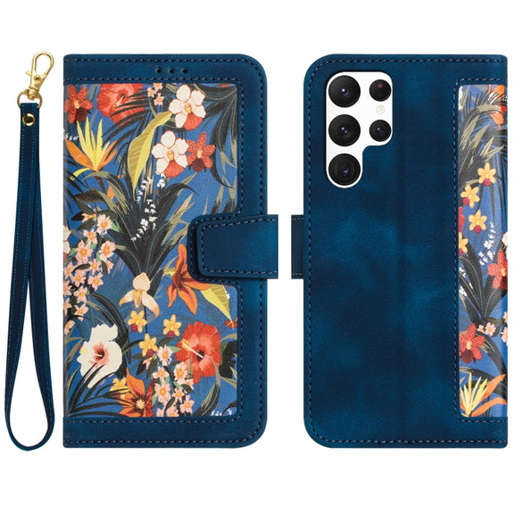 For Samsung Galaxy S25 Ultra 5G Floral Pattern Leather Phone Case with Lanyard(Dark Blue)