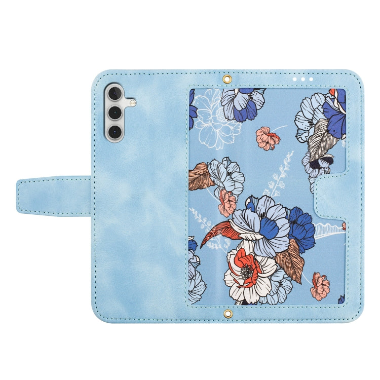 For Samsung Galaxy S25+ 5G Floral Pattern Leather Phone Case with Lanyard(Light Blue)