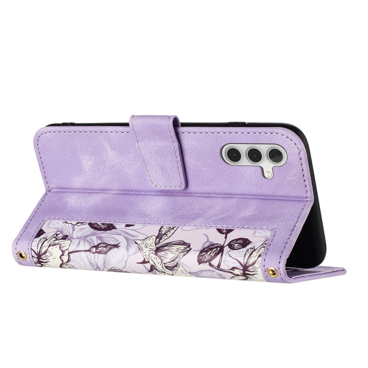 For Samsung Galaxy S25+ 5G Floral Pattern Leather Phone Case with Lanyard(Light Purple)