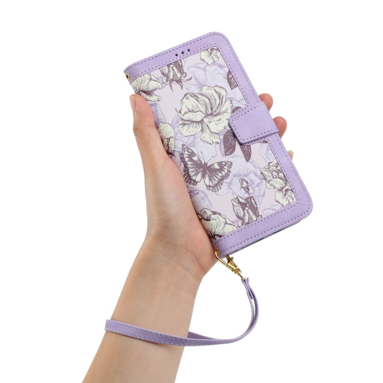For Samsung Galaxy S25+ 5G Floral Pattern Leather Phone Case with Lanyard(Light Purple)