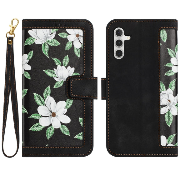 For Samsung Galaxy S25+ 5G Floral Pattern Leather Phone Case with Lanyard(Black)