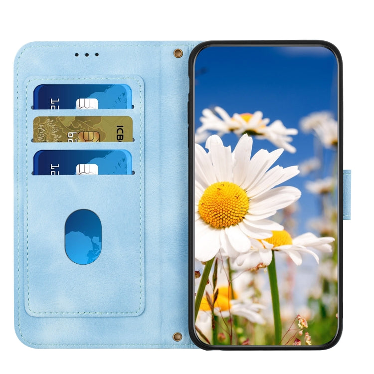 For Samsung Galaxy S25 5G Floral Pattern Leather Phone Case with Lanyard(Light Blue)