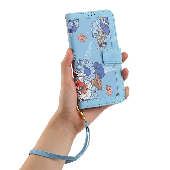 For Samsung Galaxy S25 5G Floral Pattern Leather Phone Case with Lanyard(Light Blue)