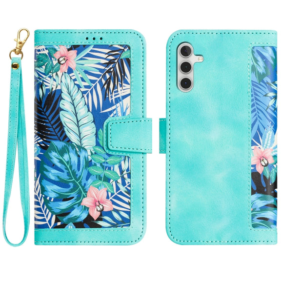 For Samsung Galaxy S25 5G Floral Pattern Leather Phone Case with Lanyard(Green)