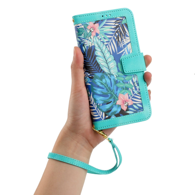 For Samsung Galaxy S25 5G Floral Pattern Leather Phone Case with Lanyard(Green)