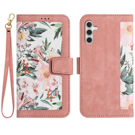 For Samsung Galaxy S25 5G Floral Pattern Leather Phone Case with Lanyard(Pink)