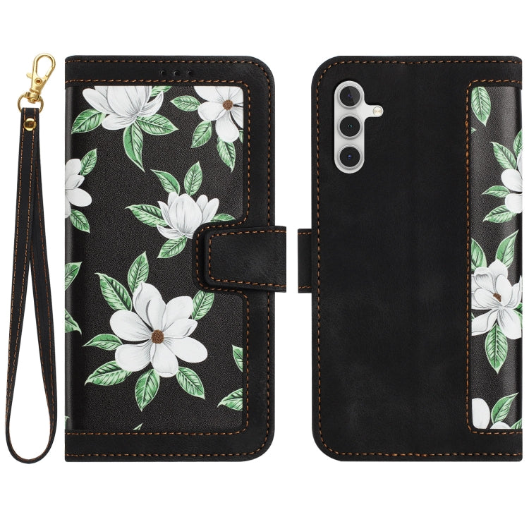 For Samsung Galaxy S25 5G Floral Pattern Leather Phone Case with Lanyard(Black)