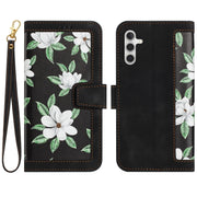 For Samsung Galaxy S25 5G Floral Pattern Leather Phone Case with Lanyard(Black)
