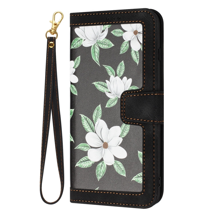For Samsung Galaxy S25 5G Floral Pattern Leather Phone Case with Lanyard(Black)