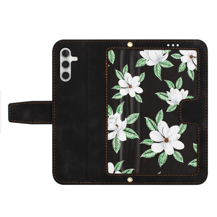 For Samsung Galaxy S25 5G Floral Pattern Leather Phone Case with Lanyard(Black)