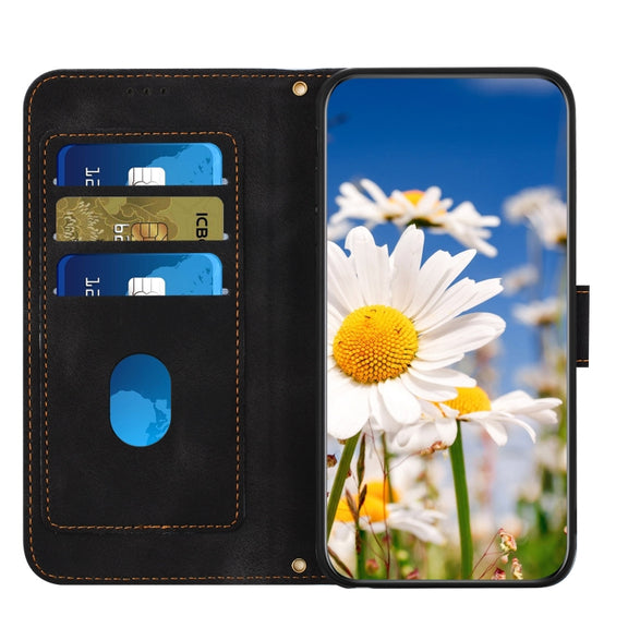 For Samsung Galaxy S25 5G Floral Pattern Leather Phone Case with Lanyard(Black)